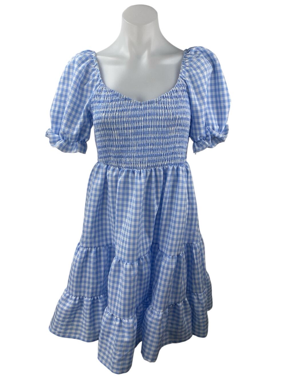 Dokuritu Blue Checkered Short Puff Sleeve Tiered Smocked Mini A-Line Dress Sz M